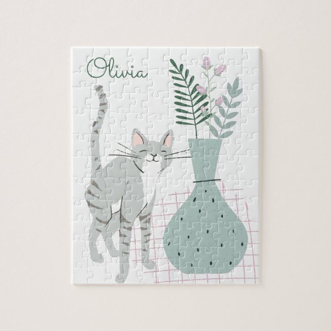Cat and Boho Flowers Drawing Personalized Jigsaw Puzzle (Vertical)