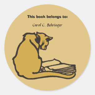 Cat and book, vintage bookplate customizable