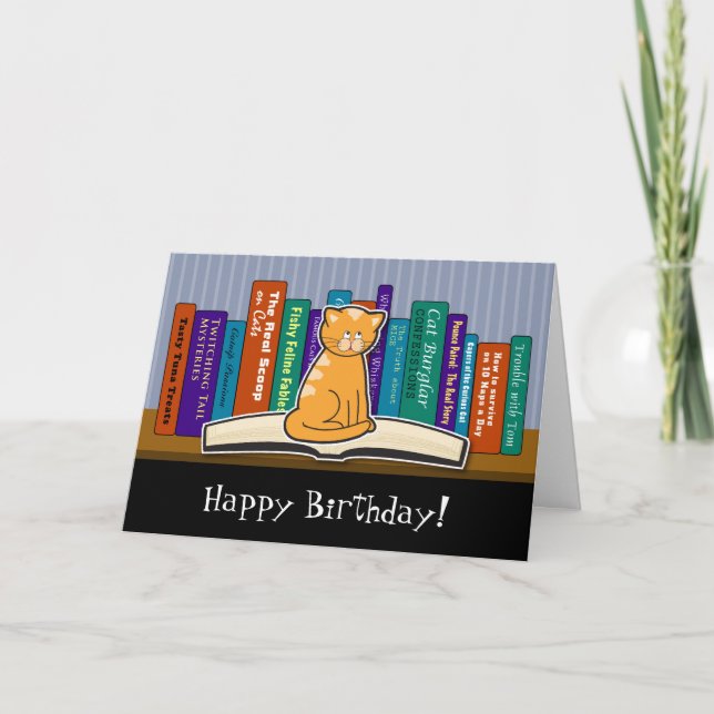 Cat and Books Birthday Card (Front)