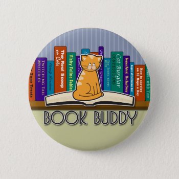 Cat And Books Button Or Pin by lovescolor at Zazzle