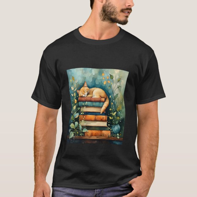 Cat and Books - Cute Cat Lover T-Shirt (Front)