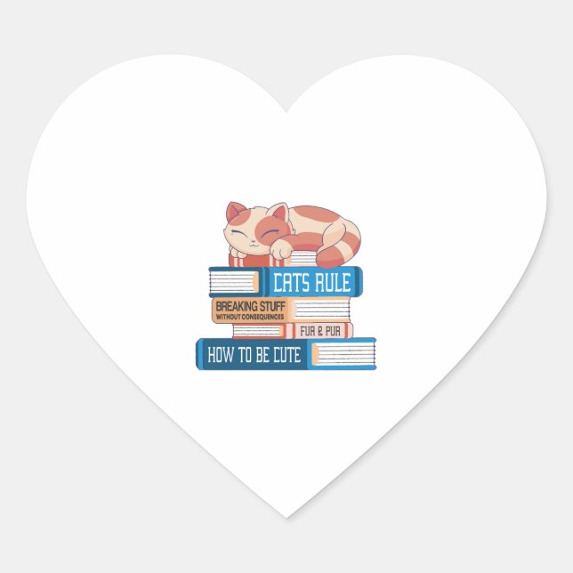 Cat And Books  Heart Sticker (Front)