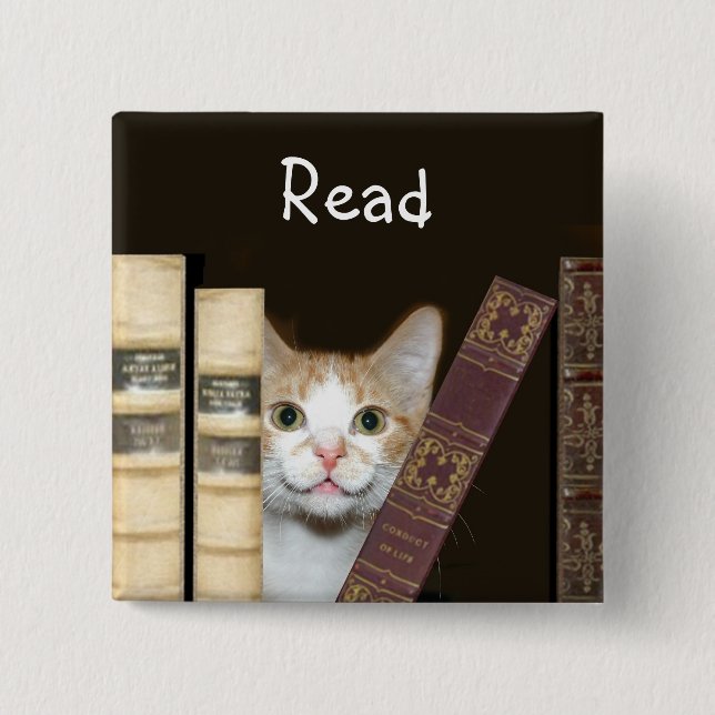 Cat and books pinback button (Front)