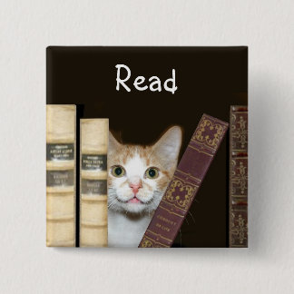 Cat and books pinback button