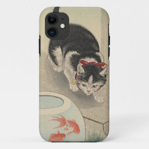 Cat and Bowl of Goldfish by Ohara Koson iPhone 11 Case