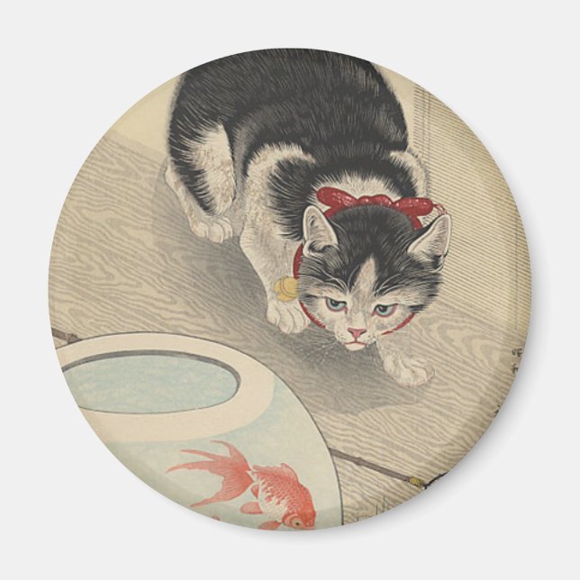 Cat and Bowl of Goldfish by Ohara Koson Magnet (Front)