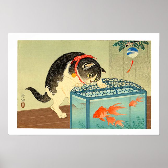 Cat and Bowl of Goldfish Shoson Ohara 1930 Poster (Front)