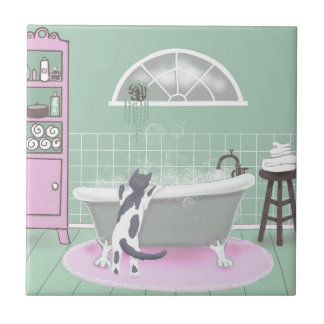 Cat and Bubble Bath Pink Sage Art Ceramic Tile