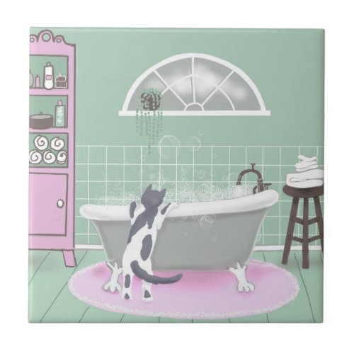 Cat and Bubble Bath Pink Sage Art  Ceramic Tile