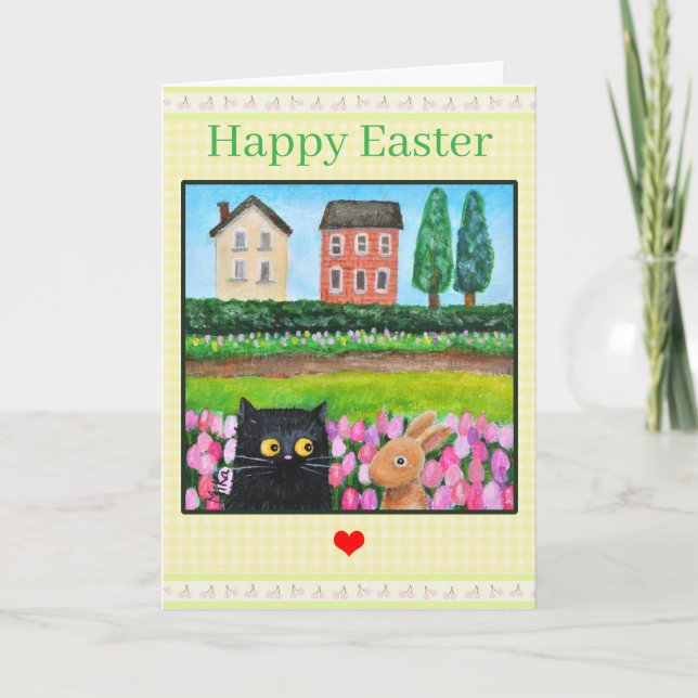 Cat and Bunny among Tulips Cute Spring Landscape Card (Front)