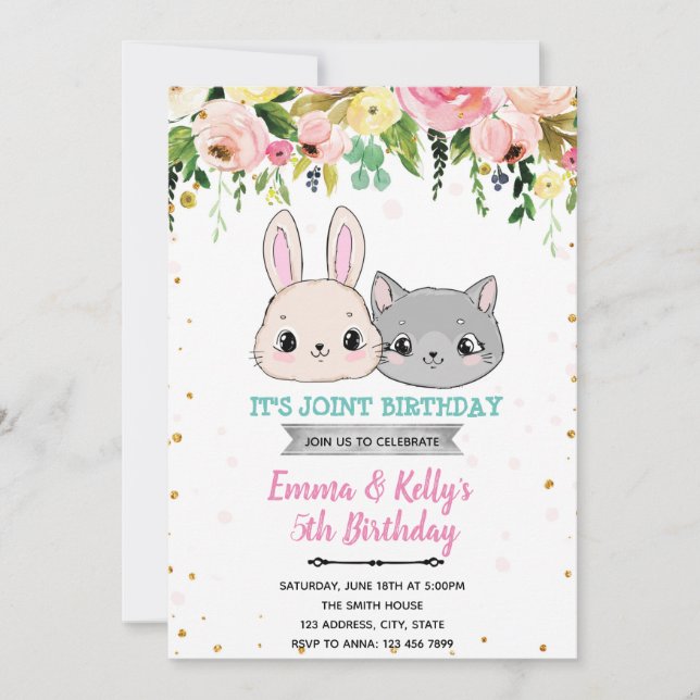 Cat and bunny joint birthday  invitation (Front)
