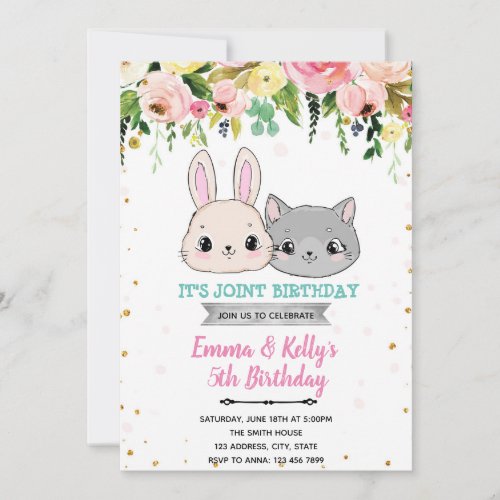 Cat and bunny joint birthday  invitation