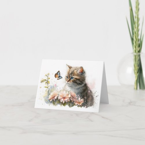 Cat and Butterfly In Garden Note Card
