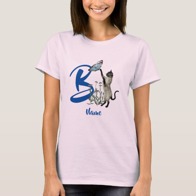 Cat And Butterfly Monogram Initial B Personalized T-Shirt (Front)