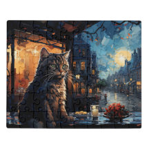 Cat and Cafe Terrace at Night Van Gogh inspired