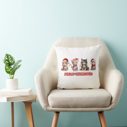 Cat and Christmas Lights Meowy Christmas Throw Pillow