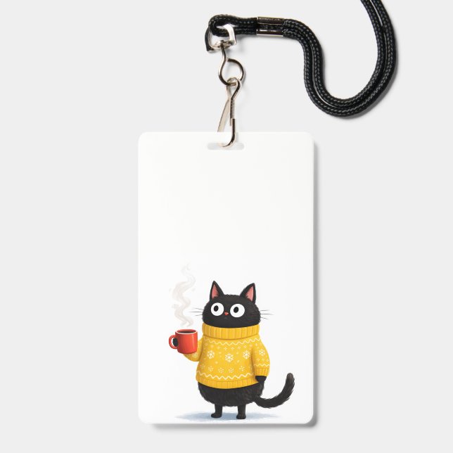 cat and coffee badge (Front with Lanyard)