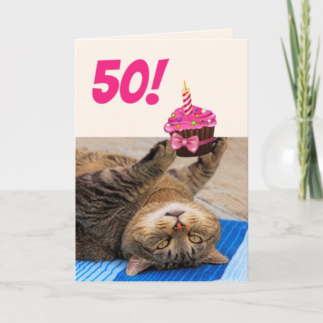Cat And Cupcake 50th Birthday Card (Front)