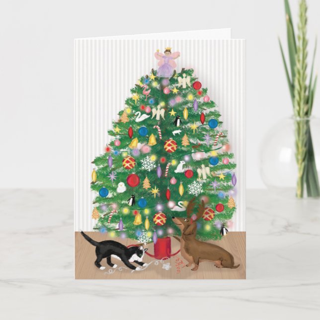 Cat and dachshund under the Christmas tree card (Front)