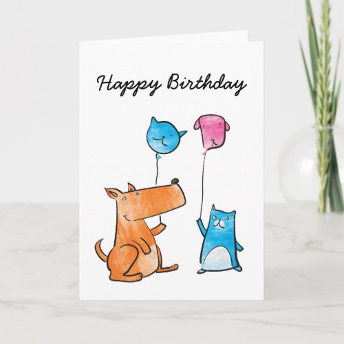 Cat and Dog Balloon Birthday Card