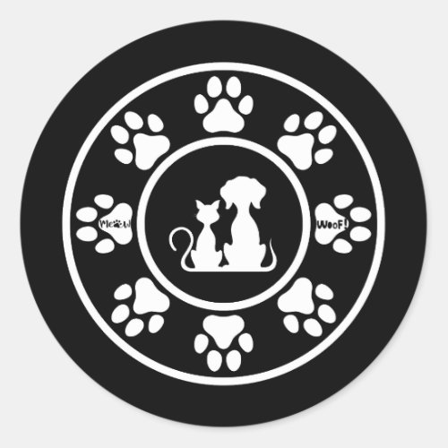 Cat and Dog Best Friends in A Paw Print Circle  Classic Round Sticker