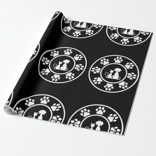 Cat and Dog Best Friends in A Paw Print Circle  Wrapping Paper