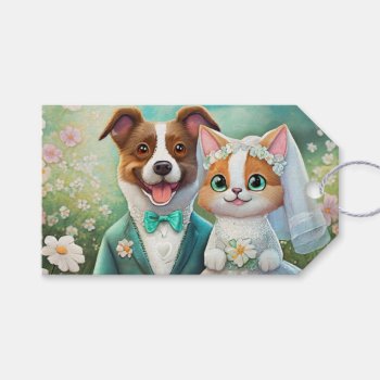 Cat And Dog Cute Wedding Couple Personalized Names Gift Tags by stdjura at Zazzle