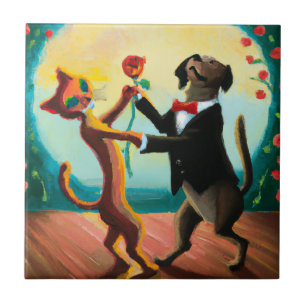 Cat and Dog Dancing Tango in Dance Club, AI Art Ceramic Tile
