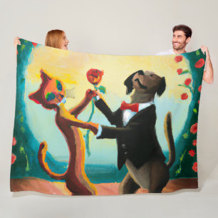 Cat and Dog Dancing Tango in Dance Club, AI Art Fleece Blanket