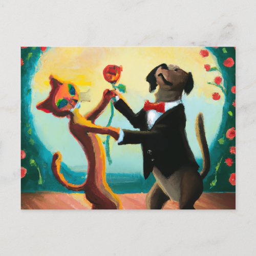 Cat and Dog Dancing Tango in Dance Club AI Art Postcard