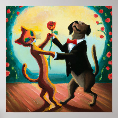 Cat and Dog Dancing Tango in Dance Club AI Art Poster