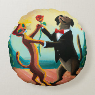 Cat and Dog Dancing Tango in Dance Club, AI Art Round Pillow