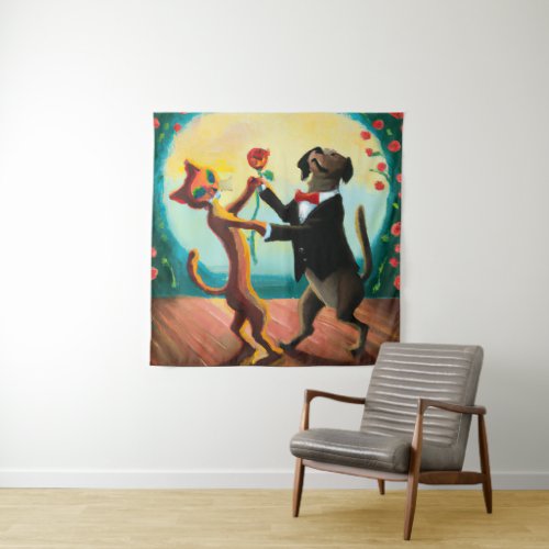 Cat and Dog Dancing Tango in Dance Club AI Art Tapestry
