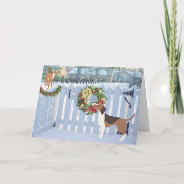 Cat and Dog Enjoying the Snow Winter Christmas Holiday Card (Front)