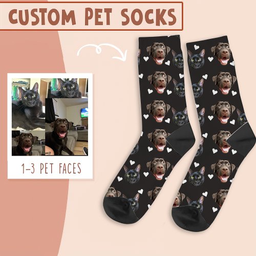 Cat And Dog Face Personalized with Heart on Black Socks