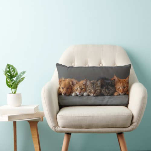 Cat and dog faces in a row bottom view lumbar pillow