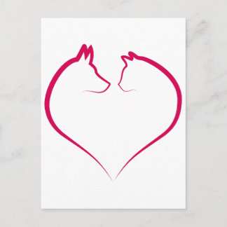 Cat and dog faces in red heart silhouette postcard
