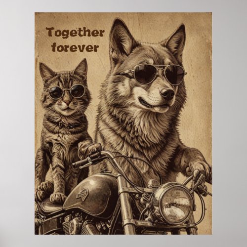 Cat and dog forever together bikers poster