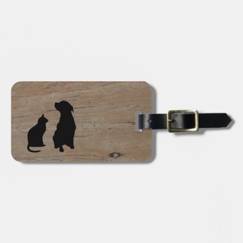 Cat and dog illustration silhouettes on wood luggage tag