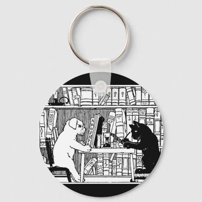 Cat and Dog in the Library Keychain (Front)