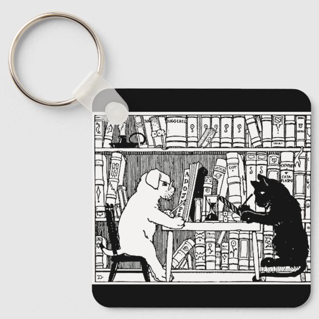 Cat and Dog in the Library Keychain (Front)