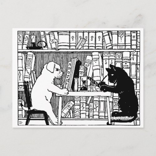 Cat and Dog in the Library Postcard