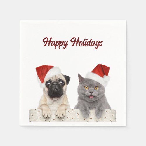 Cat And Dog Merry Christmas Happy Holiday  Napkins