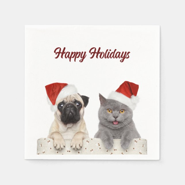 Cat And Dog Merry Christmas Happy Holiday  Napkins (Front)