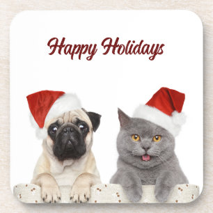 Cat and Dog Merry Christmas Holiday Beverage Coaster