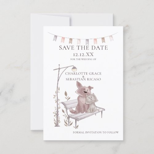 Cat And Dog on Bench Animal Save The Date Wedding Announcement