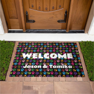 Cat and Dog Paw Prints in Pink, Blue Purple, Green Doormat