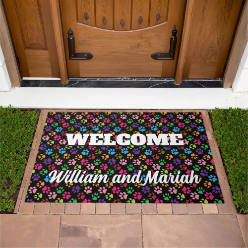 Cat and Dog Paw Prints in Pink Blue Purple Green Doormat