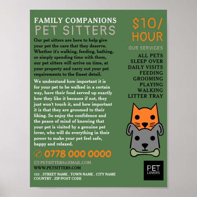 Cat and Dog, Pet Sitting Service Advertising Poster (Front)