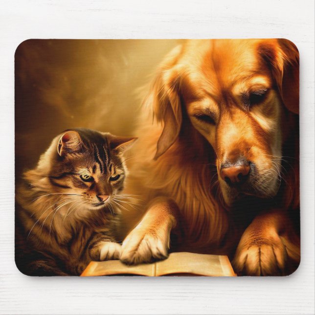 Cat and dog reading a book mouse pad (Front)